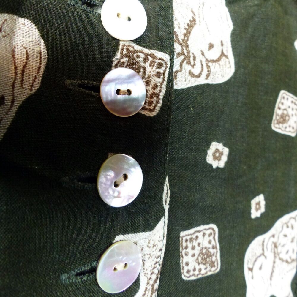 Betty Barclay Dress Womens 38 Green Ethnic Elephant Print Linen Blend Button VTG - Picture 6 of 15